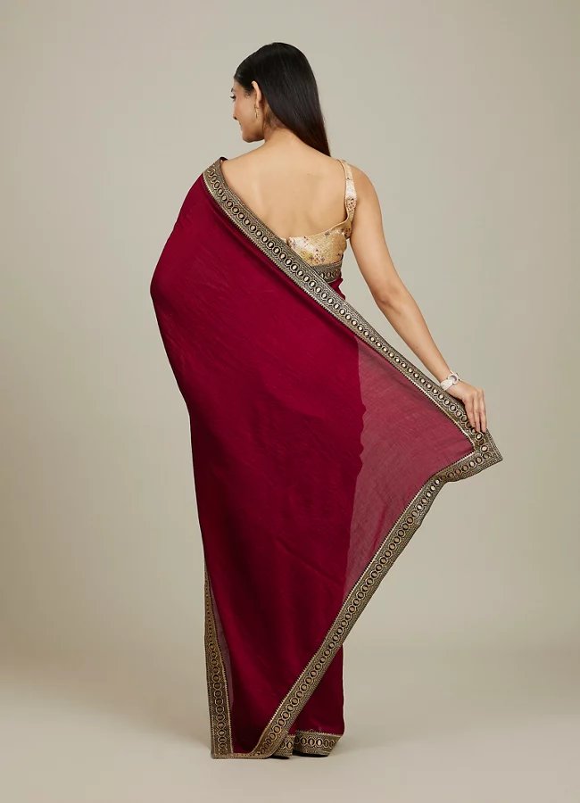 Rose Red Embroidered Border Saree — image 3