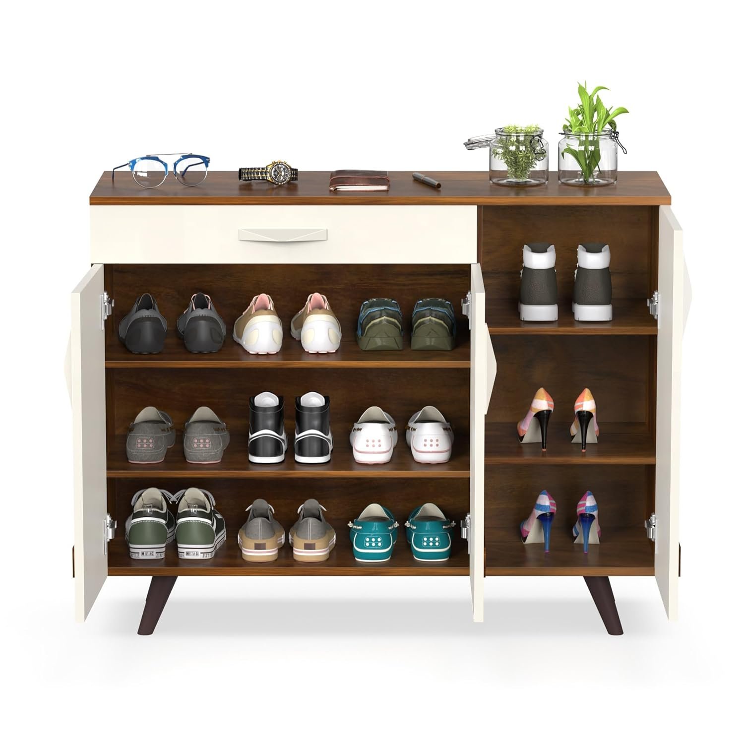 BLUEWUD Kaspen Engineered Wood Wood Dual Tone 3 Doors Shoe Rack Cabinet Slipper Footwear Stand Organizer with Drawer can Store Up to 16 Pairs for Home (Brown Maple & White) — image 5