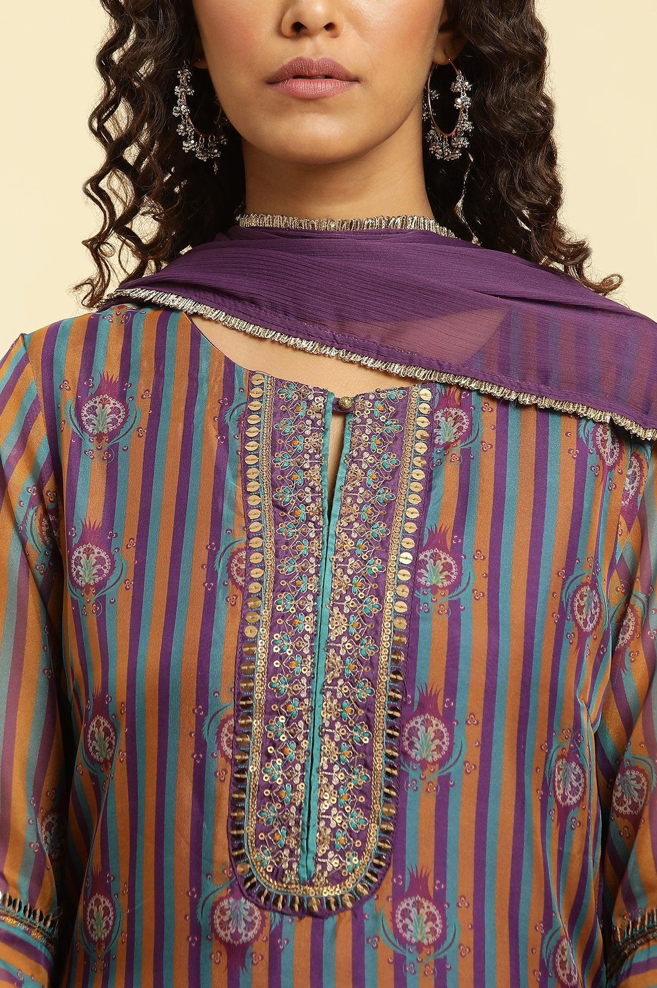Purple Layered Suzani Printed Kurta, Tights And Dupatta Set — image 2