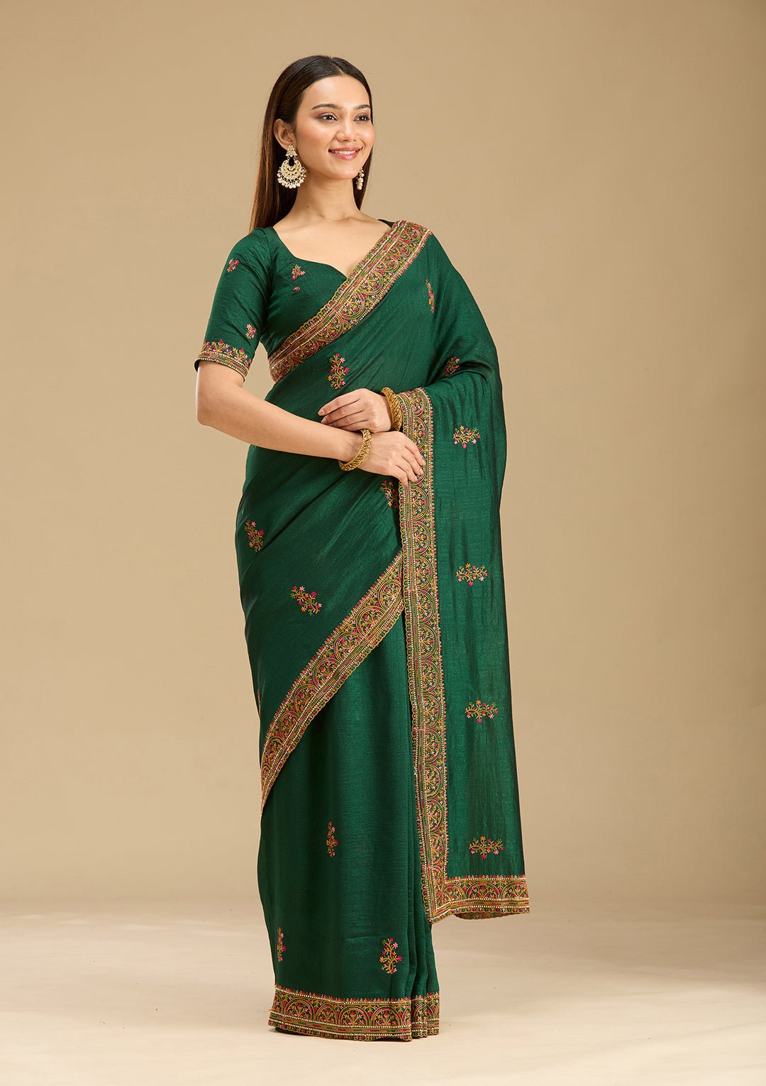 Bottle Green Kashmiri Soft Raw Silk Saree — image 4