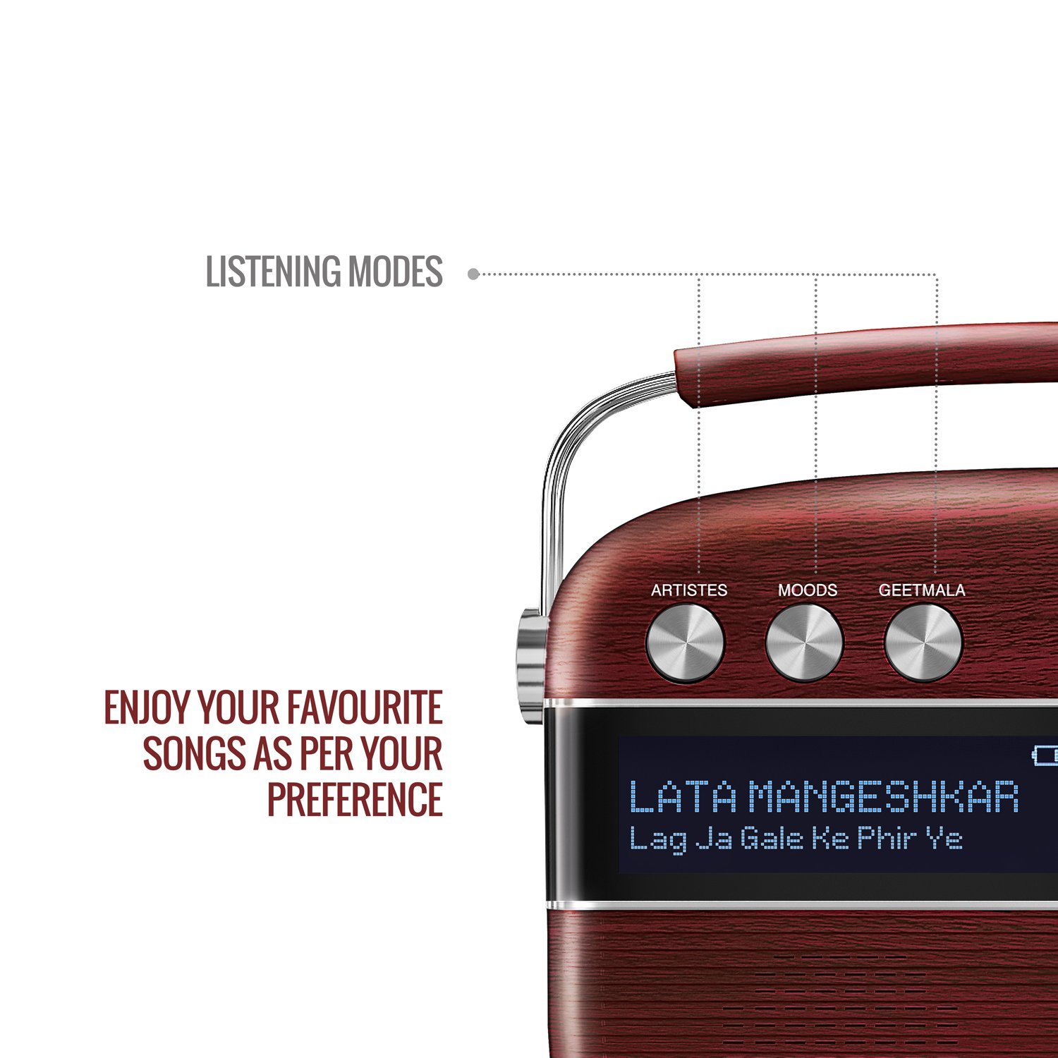 Saregama Carvaan Hindi - Portable Music Player with 5000 Preloaded Songs, FM/BT/AUX (Cherrywood Red) — image 3