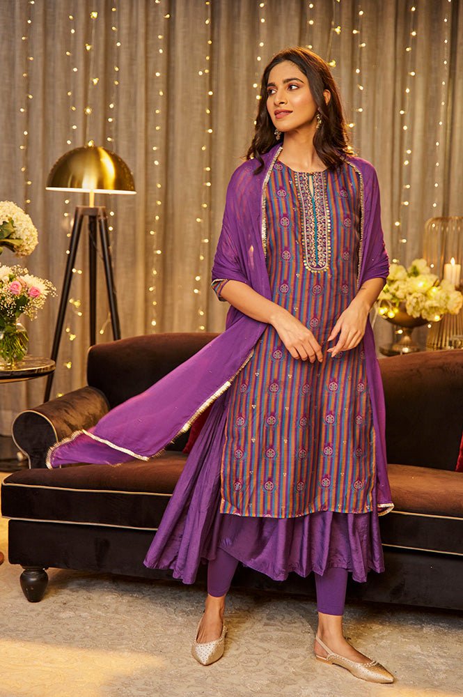 Purple Layered Suzani Printed Kurta, Tights And Dupatta Set — image 7