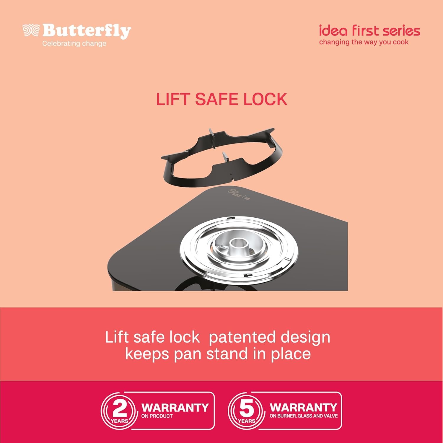 Butterfly Renz 3 Burner 3 Star Glass Top Gas Stove | Fan shield | Leak Proof European Valve | Rust Resistant Frame | Patented Lift Lock | 8mm Tempered Designer Glass | 2 Years Product Warranty — image 3