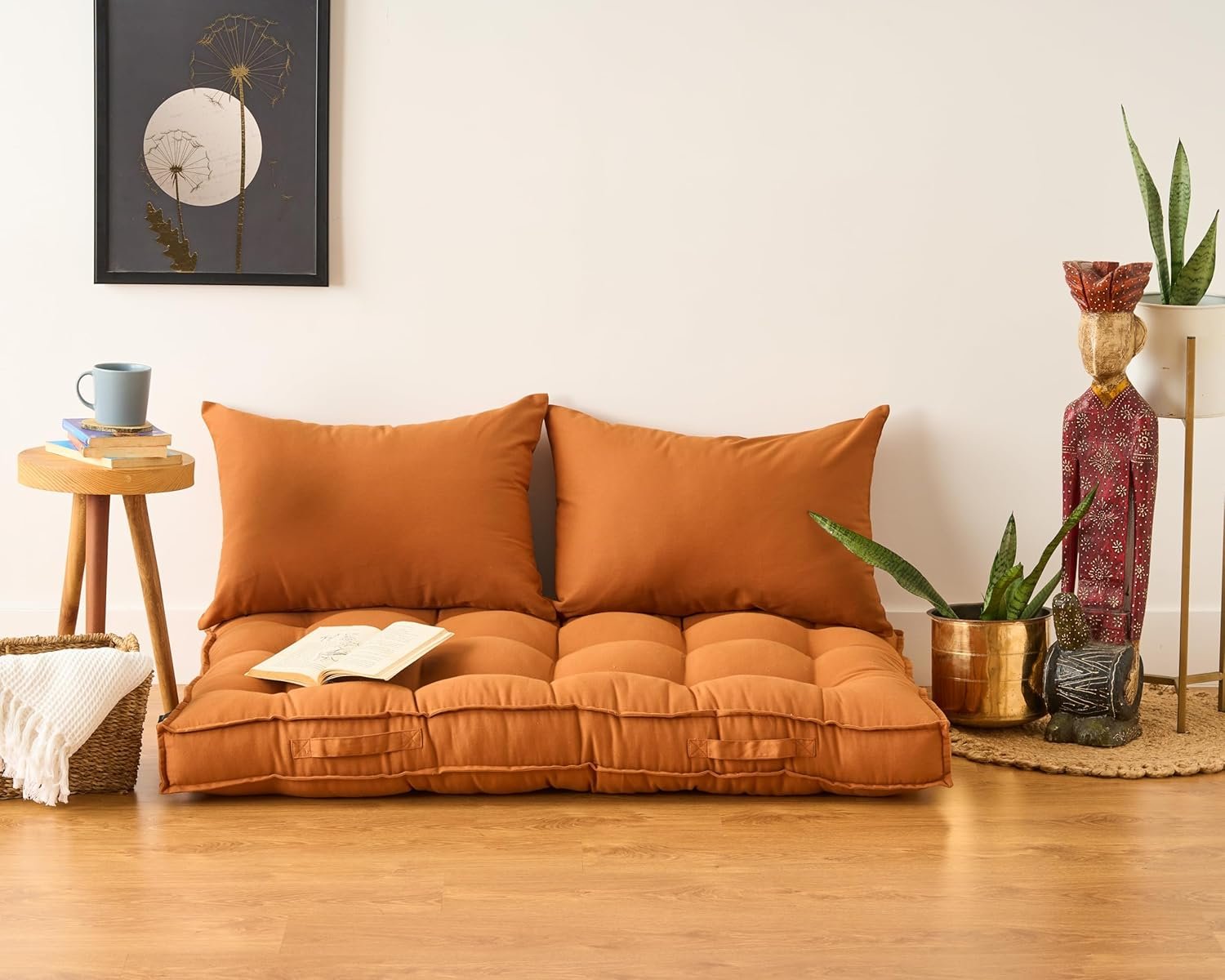 SKANDA FAB Low Seating Cushion -100% Cotton Twill, Hand-Plotted Microfiber Filling, Floor Cushion with 2 Back Support Cushions - Ideal for Living Room, Balcony, Lounge- 80x120 Brown (Pack of 1) — image 1