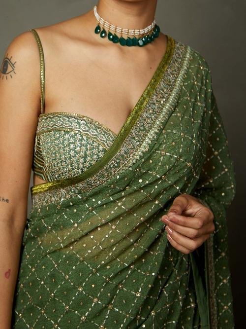 Khaki Rohira Saree With Unstitched Blouse — image 5
