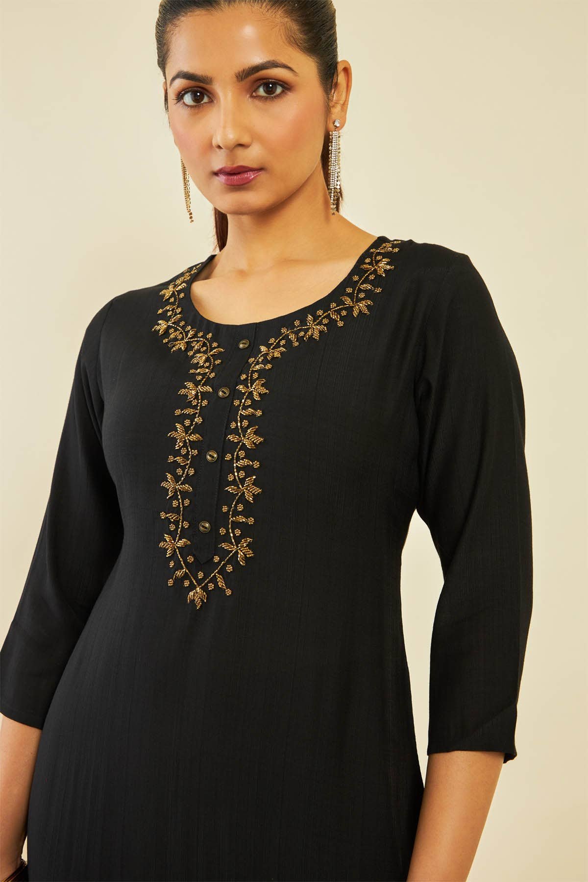 Black Viscose Blend Straight Kurta with Floral Cutdana Work — image 1