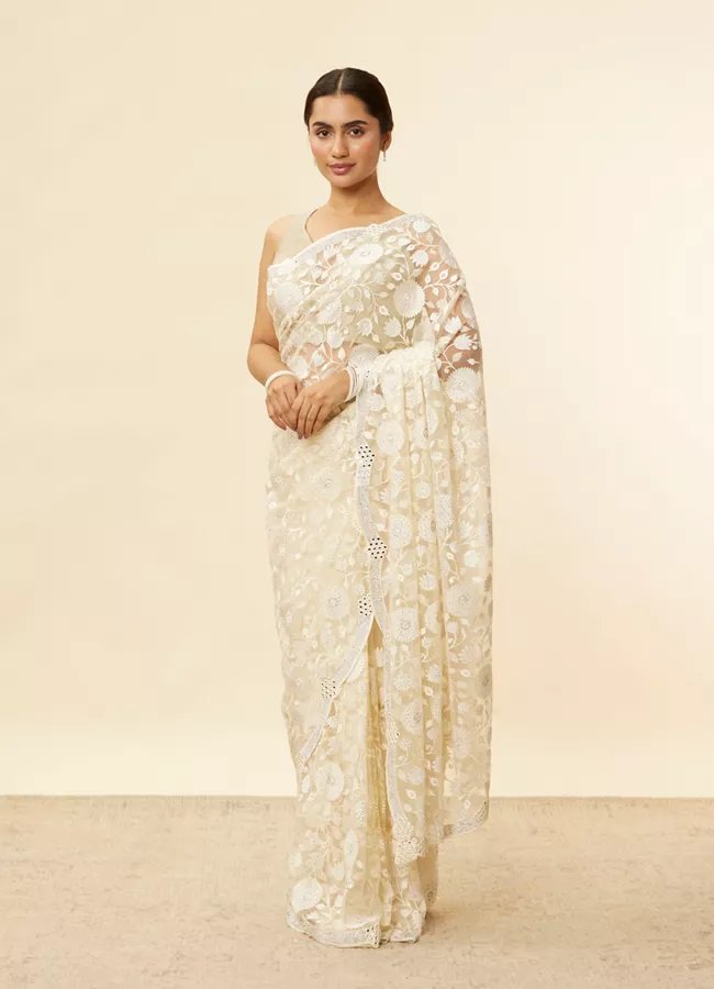 Ivory Cream Bel Buti Patterned Mirror and Stone Work Saree — image 3