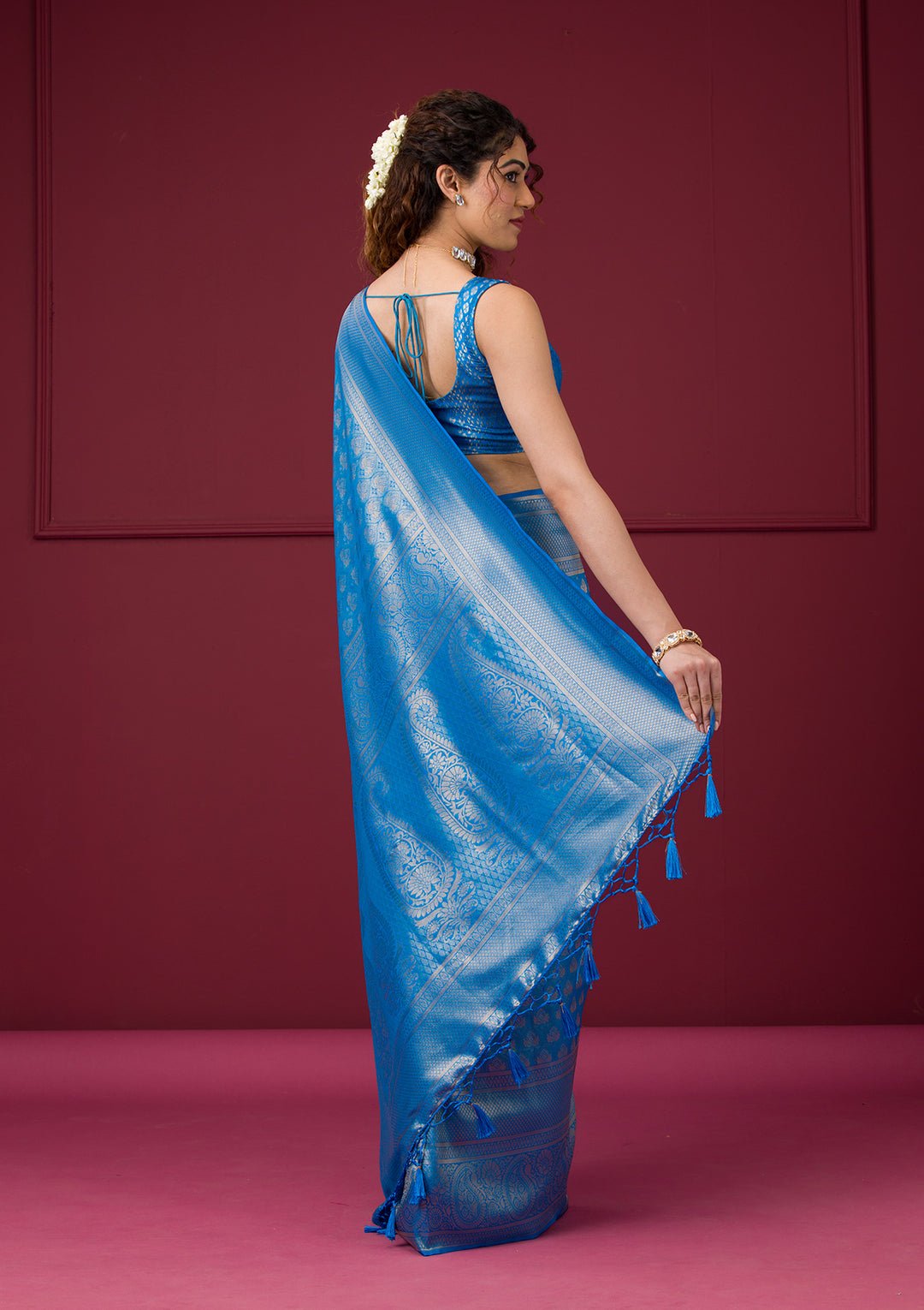 Turquoise Blue Zariwork Art Silk Saree — image 7