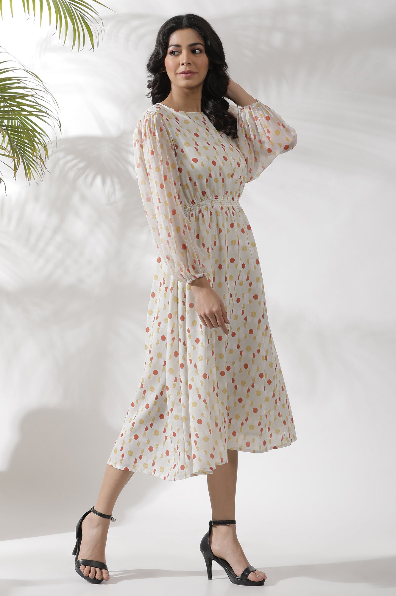 White Polka Dot Printed Gathered Western Dress — image 7