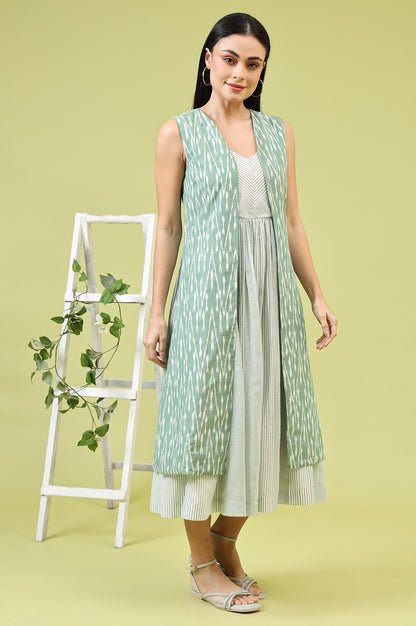White and Green Geometric Printed Flared Spaghetti Dress and Gilet Set — image 4