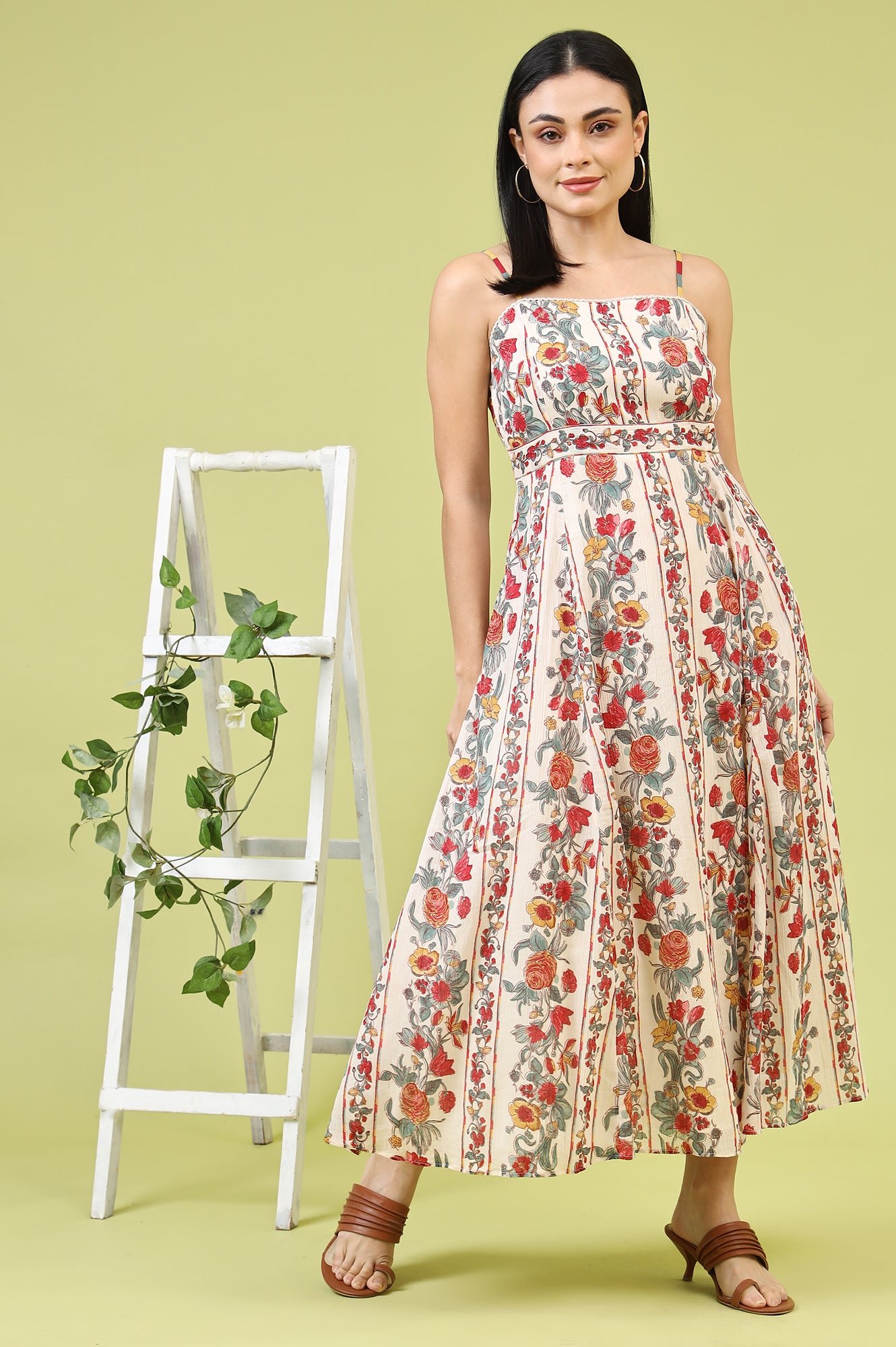 Off-White Vibrant Floral Printed Pure Cotton Flared Spaghetti Dress — image 10