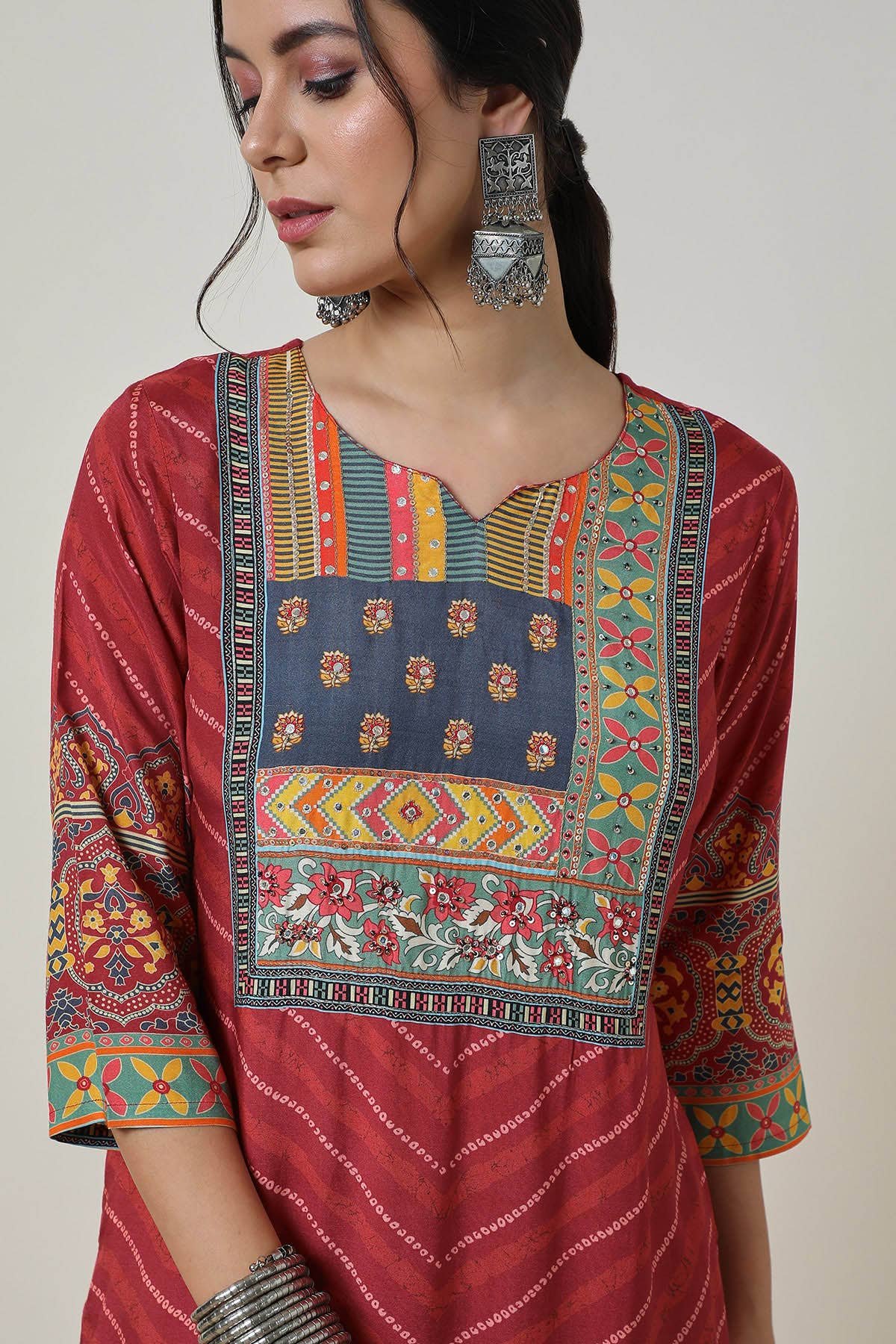 Brick Red Viscose Muslin Bandhani Print Kurta — image 1