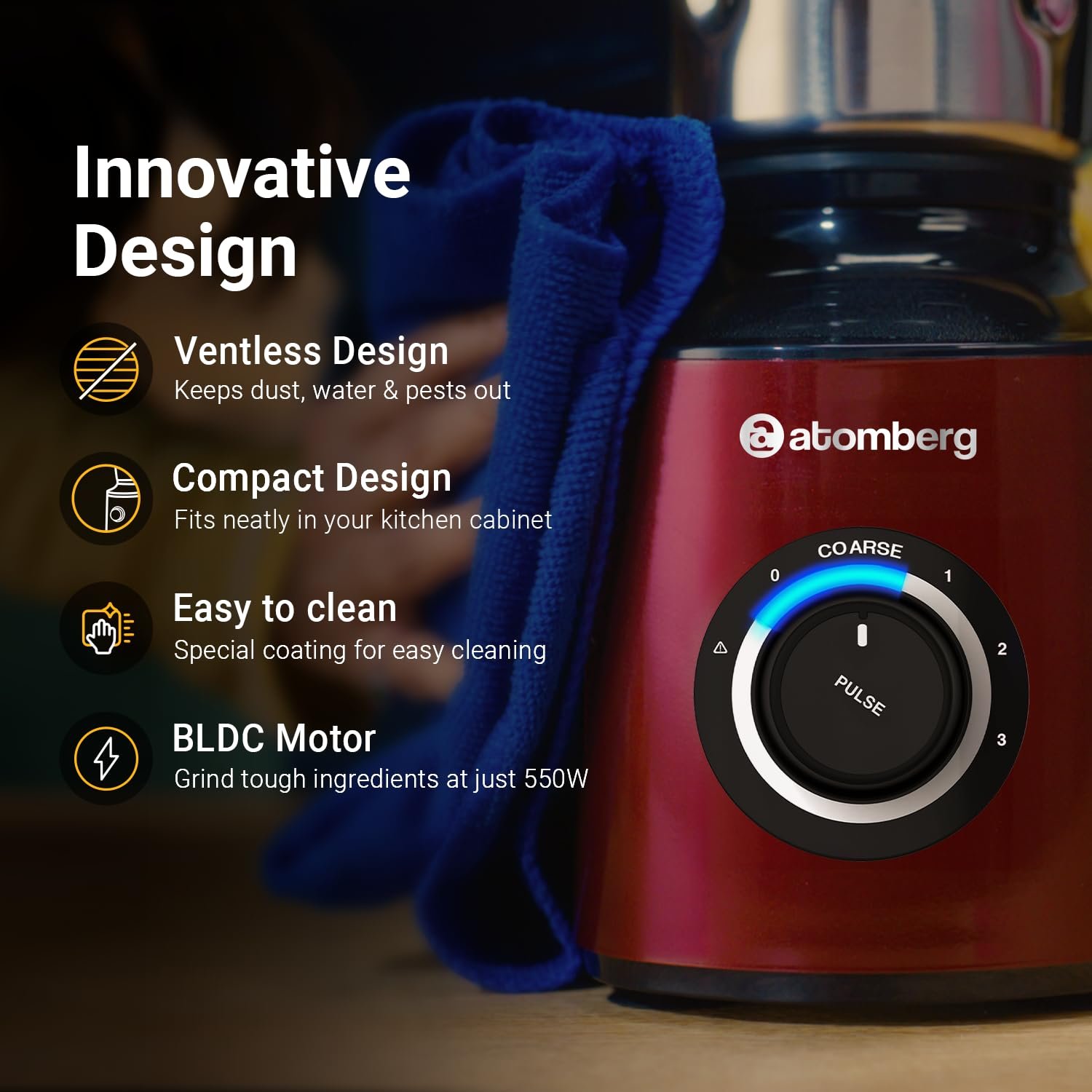 Atomberg Zenova Mixer Grinder with Unique Coarse Mode | Advanced Safety Features | 4 Jars including Chopper Jar with Hands Free Operation (Red Wine) — image 3