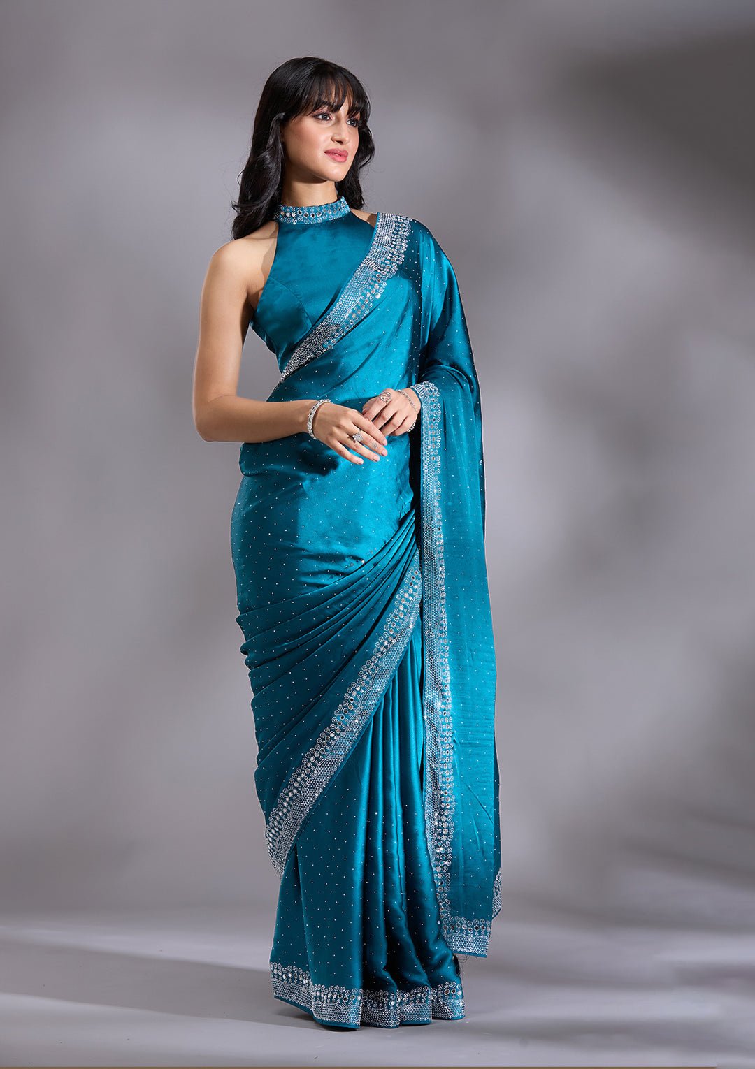 Peacock Blue Silver Stonework Satin Saree — image 3