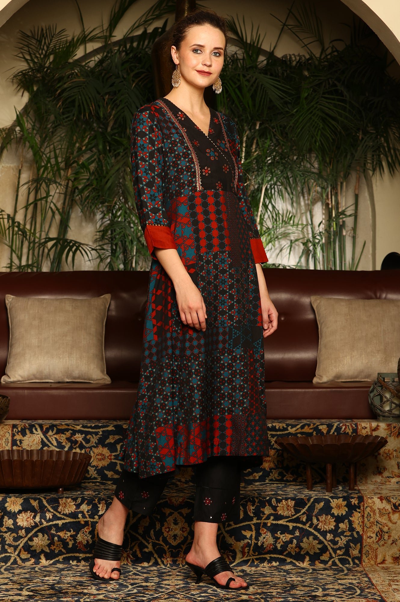 Black Multi-Coloured Patch Printed Metallic Embroidered A-Line Kurta, Pants And Dupatta Set — image 3