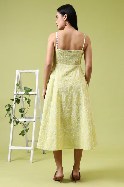 Lime Green Schiffli Embroidered Pure Cotton Flared Spaghetti Dress — image 2