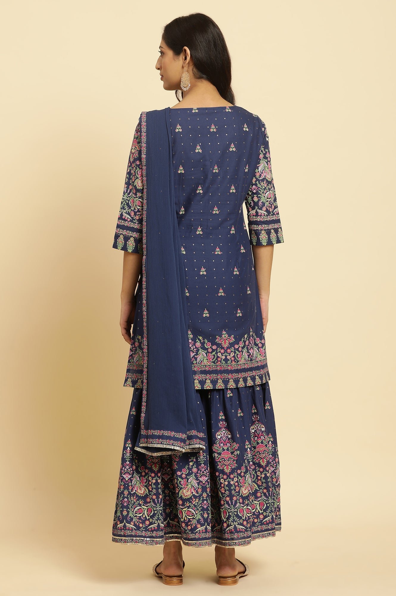 Blue Floral Printed Kurta, Sharara And Dupatta Set — image 3