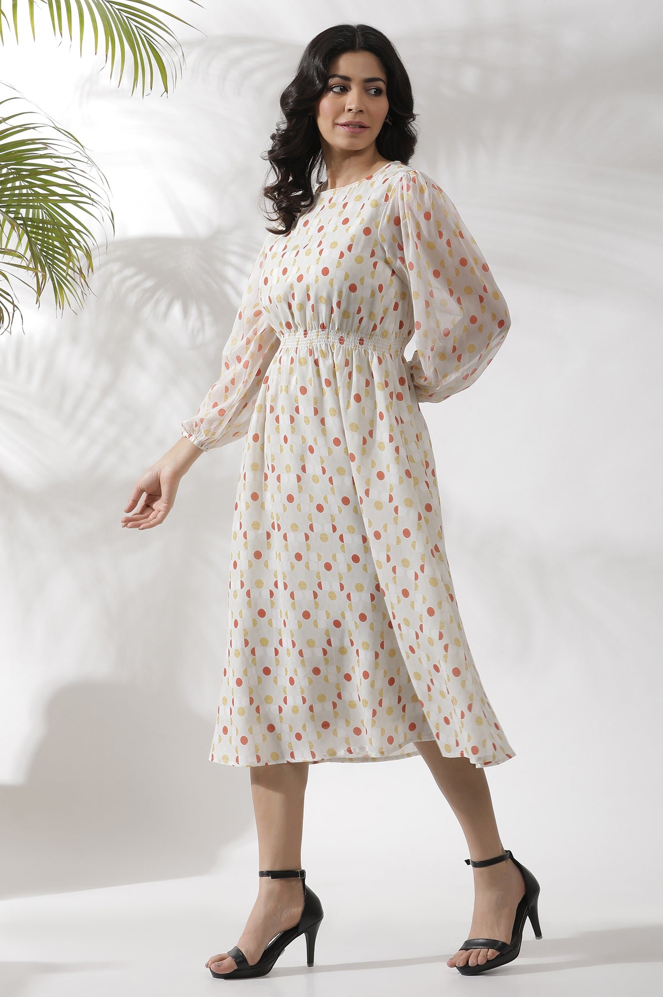 White Polka Dot Printed Gathered Western Dress — image 9