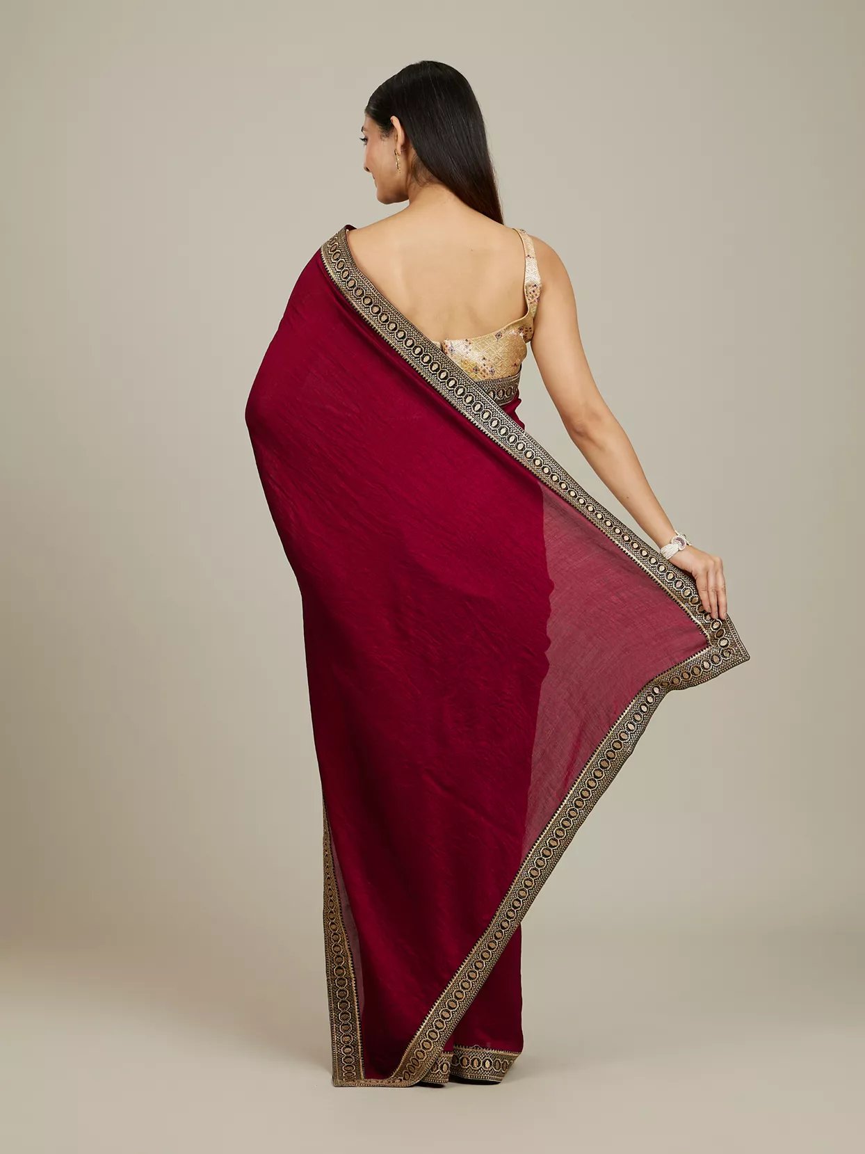 Rose Red Embroidered Border Saree — image 4