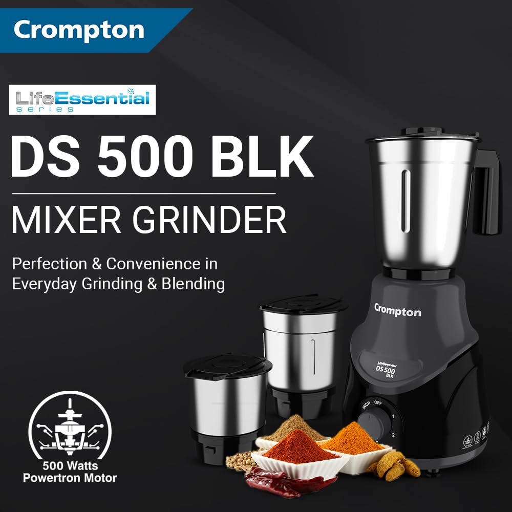 Crompton DS 500 BLK 500-Watt Mixer Grinder with Powertron Motor & Motor Vent-X Technology (3 Stainless Steel Jars, Black & Grey) — image 2