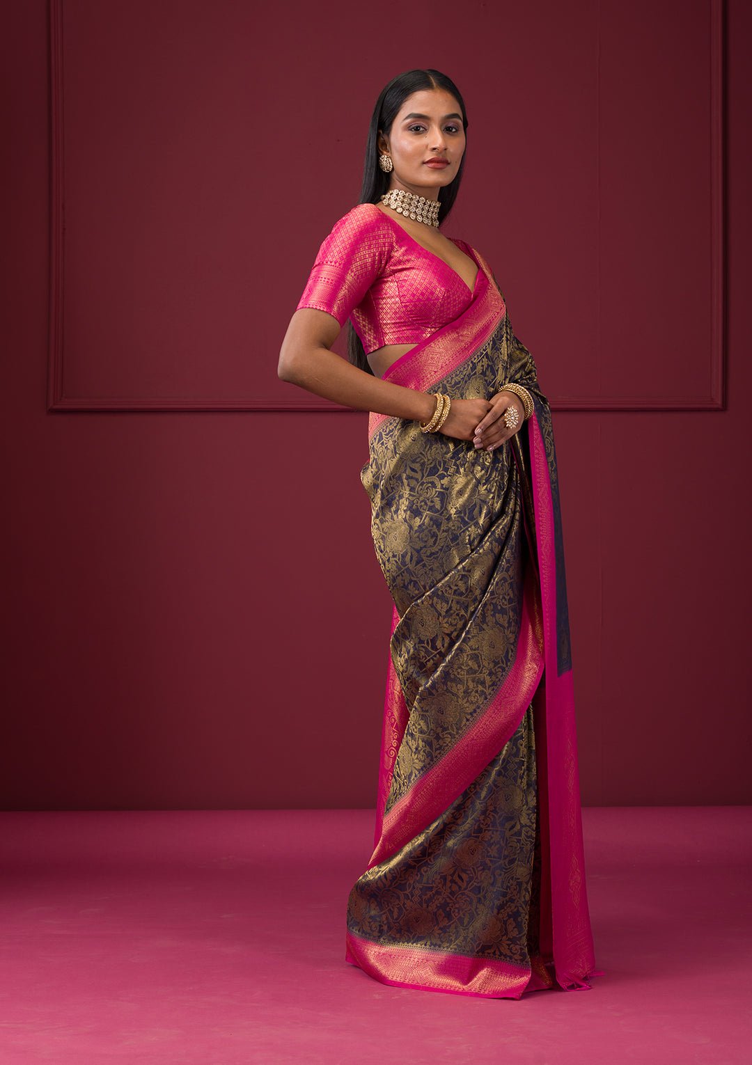 Navy Blue Zariwork Soft Silk Saree — image 5