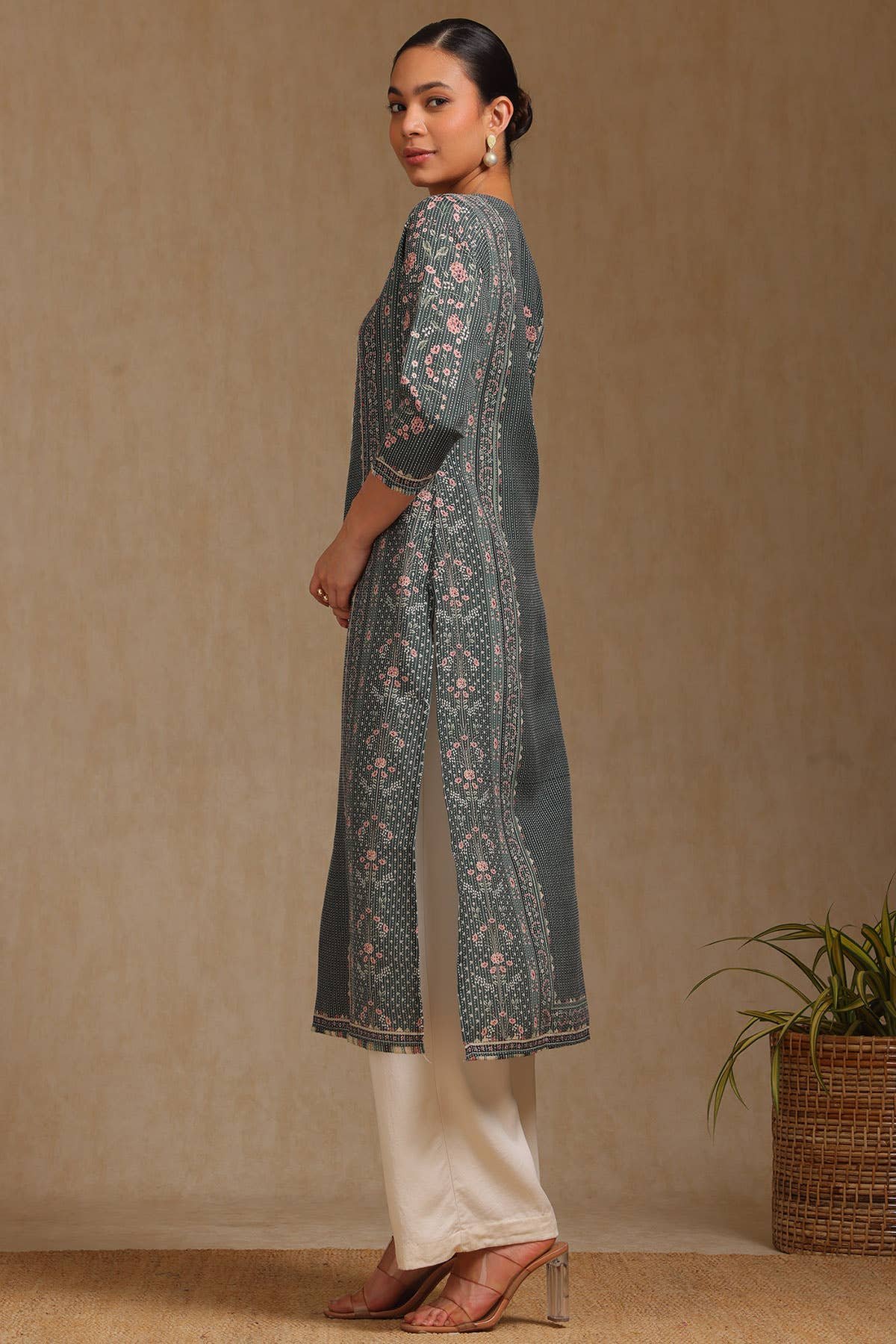Olive Rayon Botanical Printed Kurta With Mirror Work — image 3