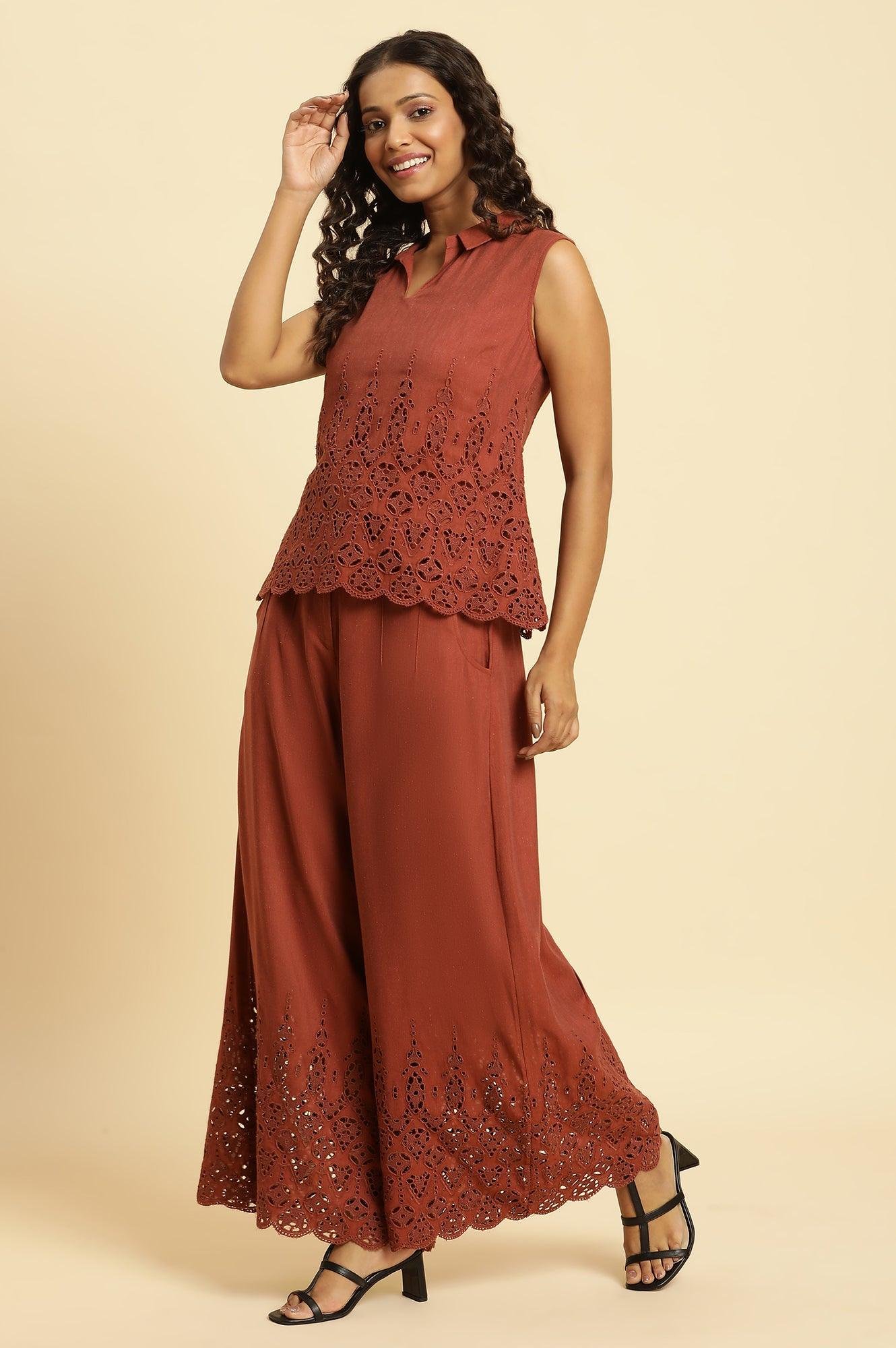 Dark Red Cotton Schiffli Top And Pants Co-Ord Set — image 6