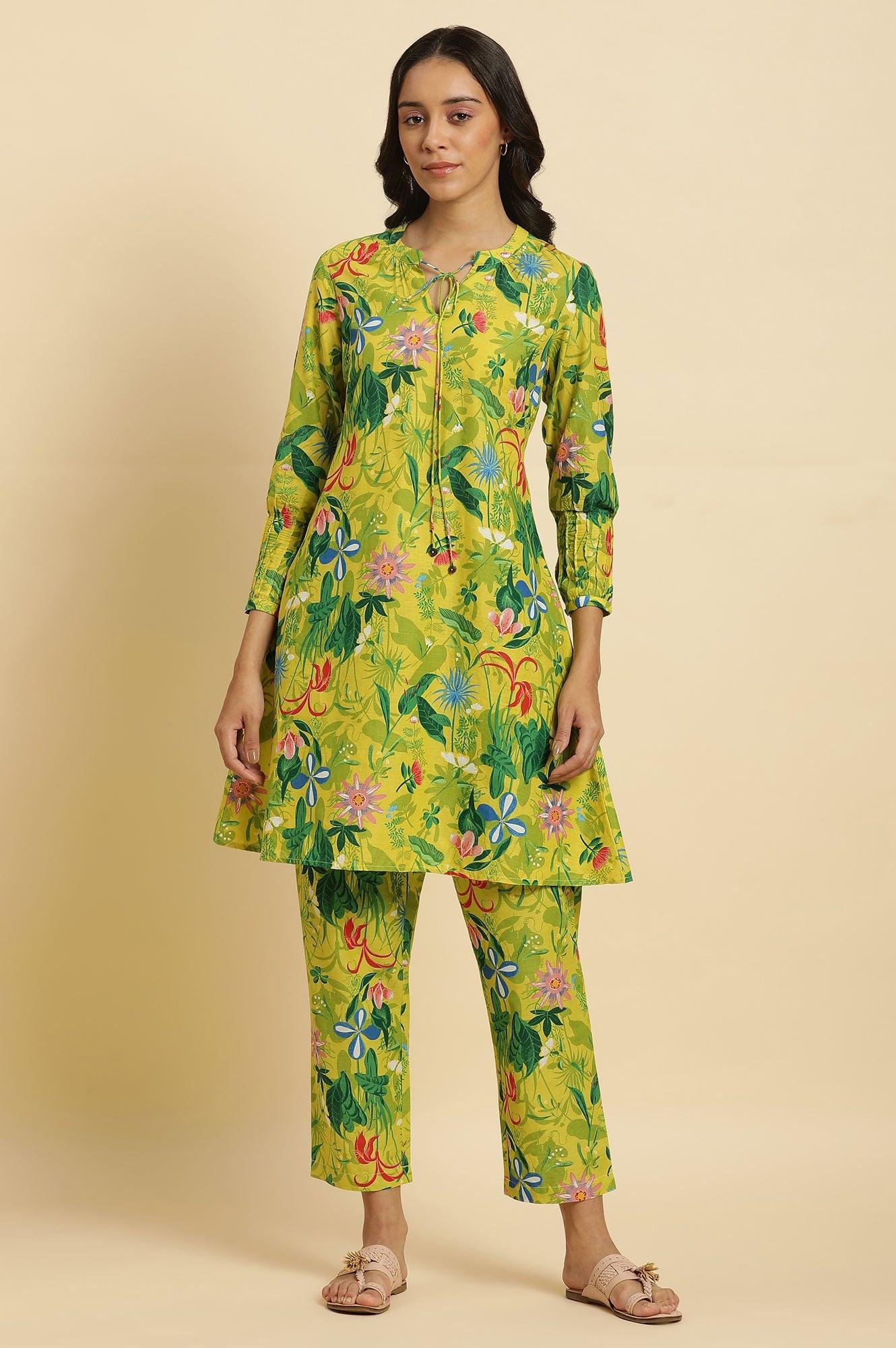 Green Floral Printed A-Line Kurta & Pants Co-Ord Set — image 1