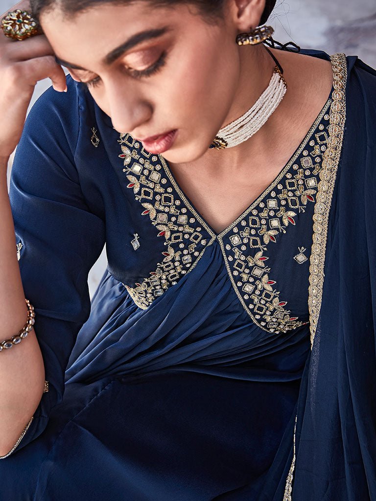 Navy Blue Zardosi Embroidered Silk Long Kurta Paired With Embroidered Organza Dupatta — image 4