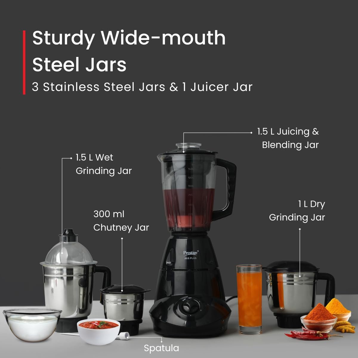 Prestige 750 Watts Iris Plus Mixer Grinder With 4 Jars (3 Stainless Steel Jars+ 1 Juicer Jar)| 4 Super Efficient Stainless Blades| — image 4