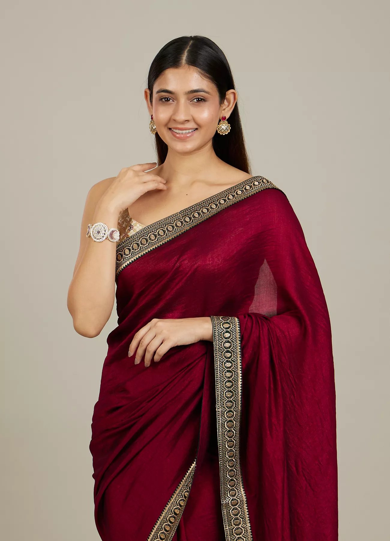 Rose Red Embroidered Border Saree — image 5