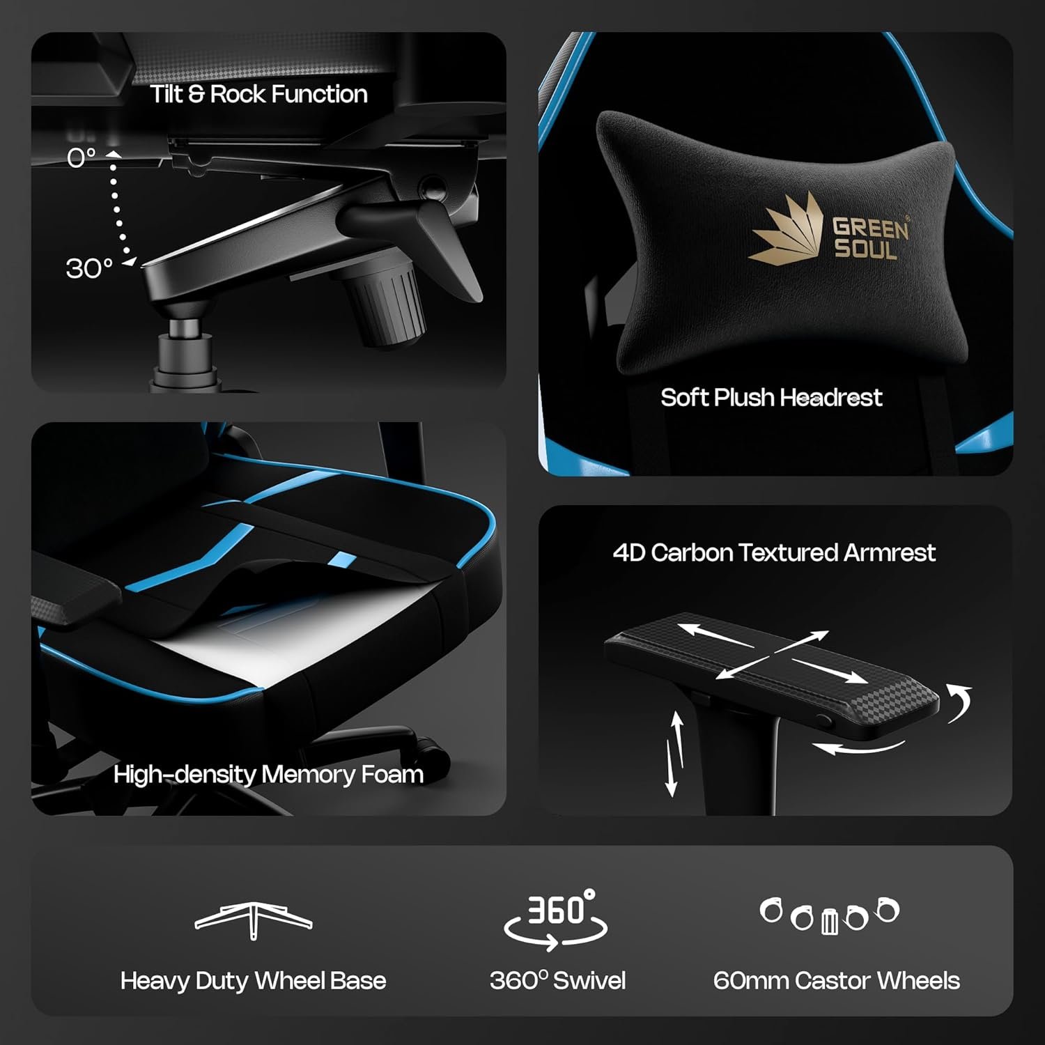 Gaming & Office Chair| Premium Spandex & PU Leather Fabric | Adjustable Neck, Lumbar Pillow | 4D Adjustable Armrests (Black Blue) — image 5