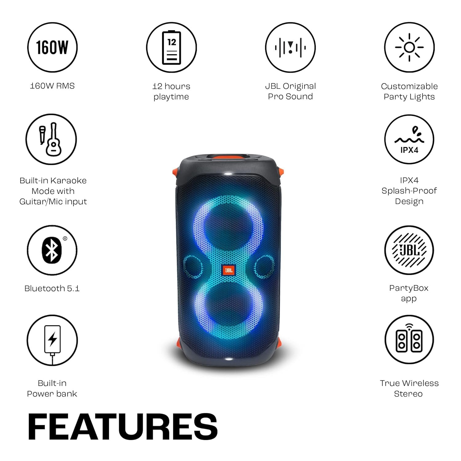 Partybox 110, Wireless Bluetooth Party Speaker, 160W Monstrous Pro Sound, Dynamic Light Show, Upto 12Hrs Playtime, Built-in Powerbank, Guitar & Mic Input, PartyBox App, Splashproof (Black) — image 9