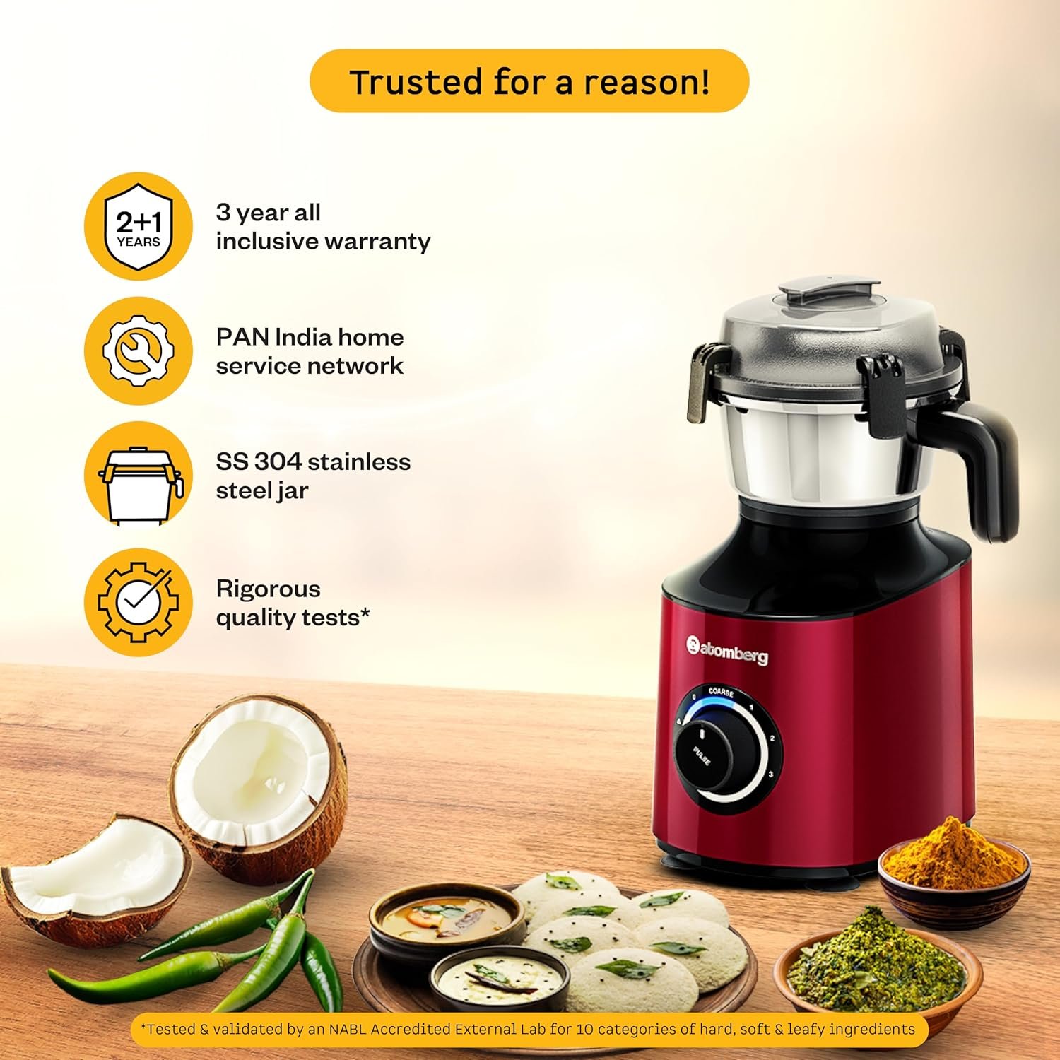 Atomberg Zenova Mixer Grinder | Unique Coarse Mode for Silbatta-like Texture | Intelligent BLDC Motor | Safety Features | 4 Jars including Chopper | Hands-Free Operation (Red Wine) — image 2