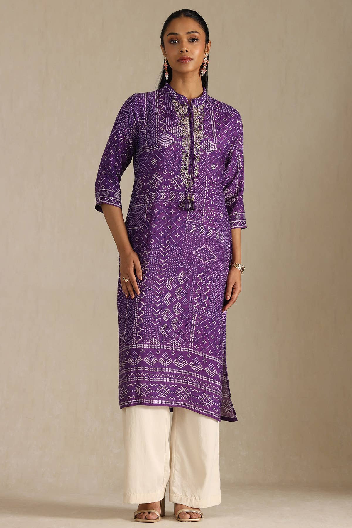 Purple Muslin Bandhani Printed Kurta With Zardosi — image 4