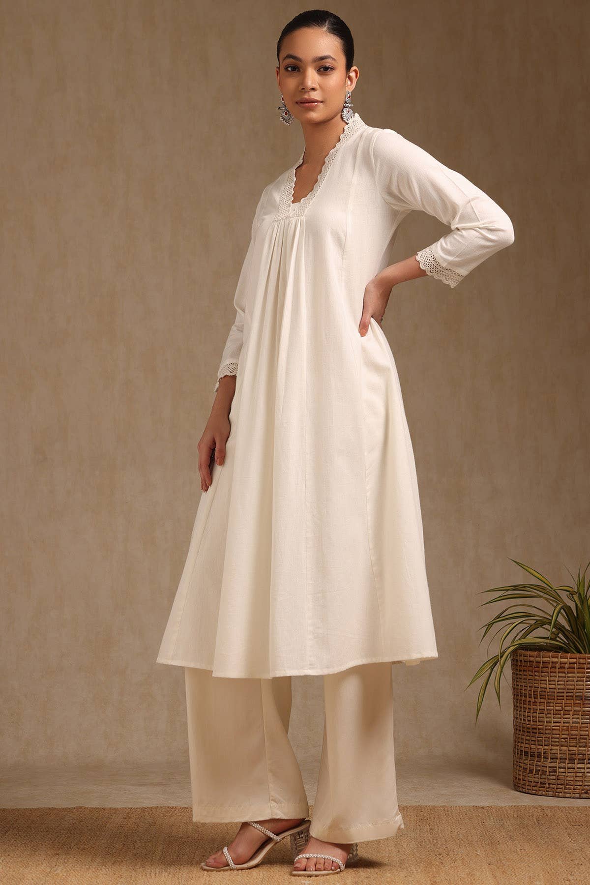 Off White Cotton Solid V-Neck Lace Inserts A-Line Kurta With Front Pleats — image 4