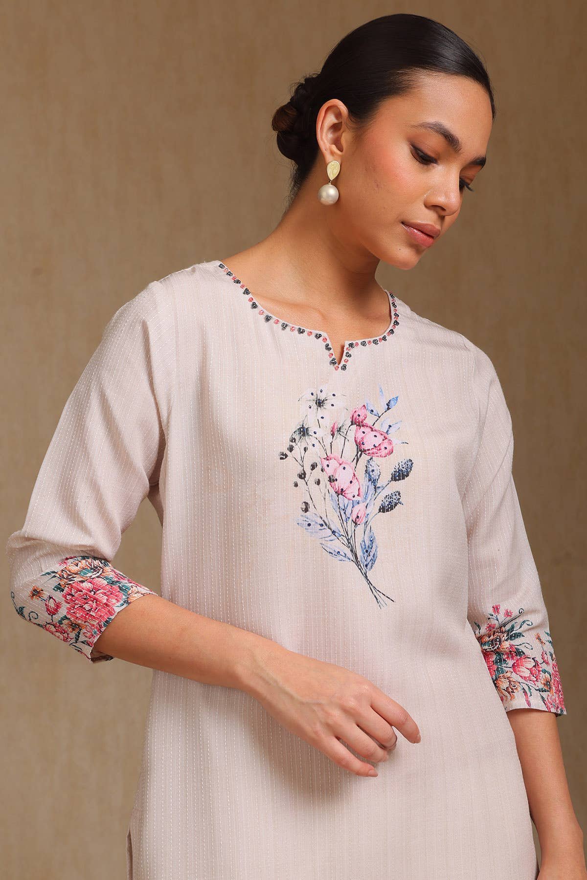 Beige Rayon Floral Printed Kurta — image 1