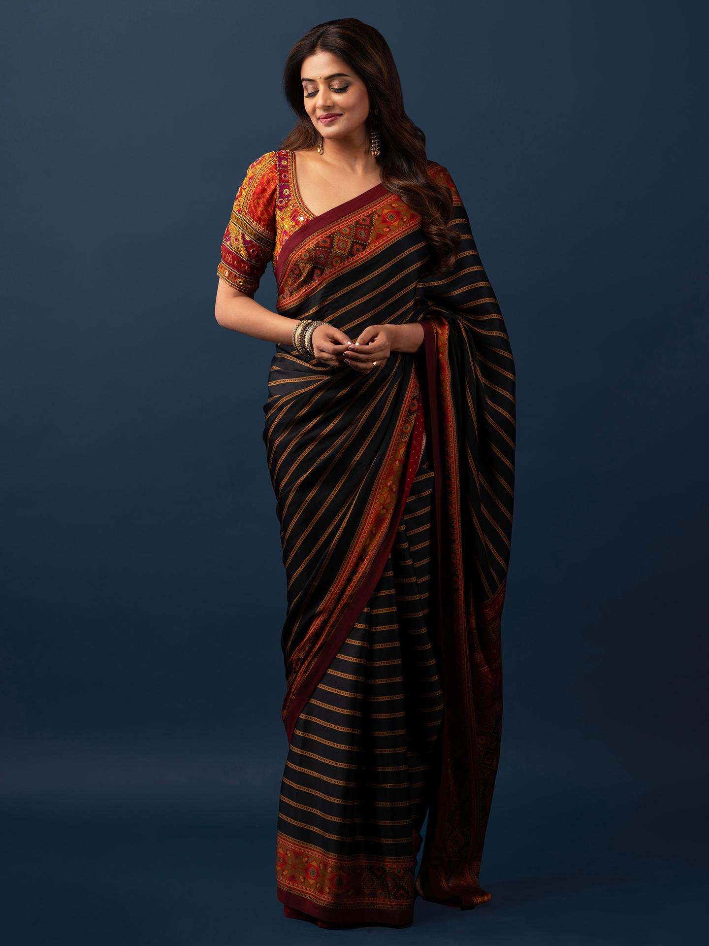 Black Multi Madhuhira Saree With Stitched Blouse — image 2