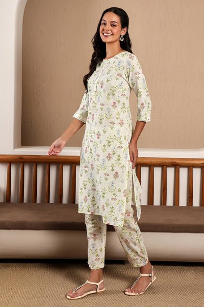 White Floral Printed Pure Cotton Straight Kurta and Pants Co-ord Set — image 1