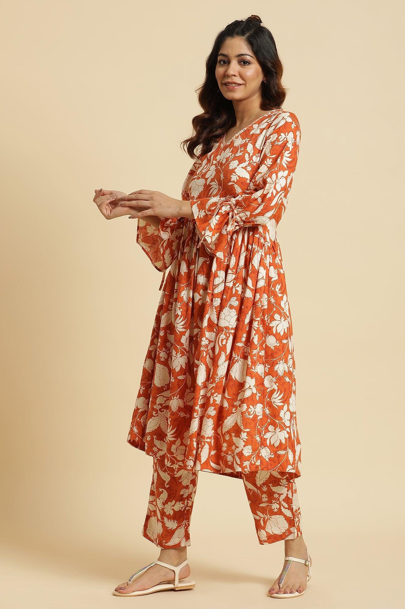 Dark Orange Floral Printed Kurta & Pants Co-Ord Set — image 6