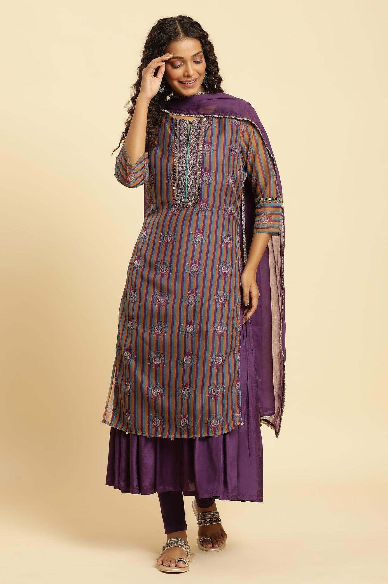 Purple Layered Suzani Printed Kurta, Tights And Dupatta Set — image 5