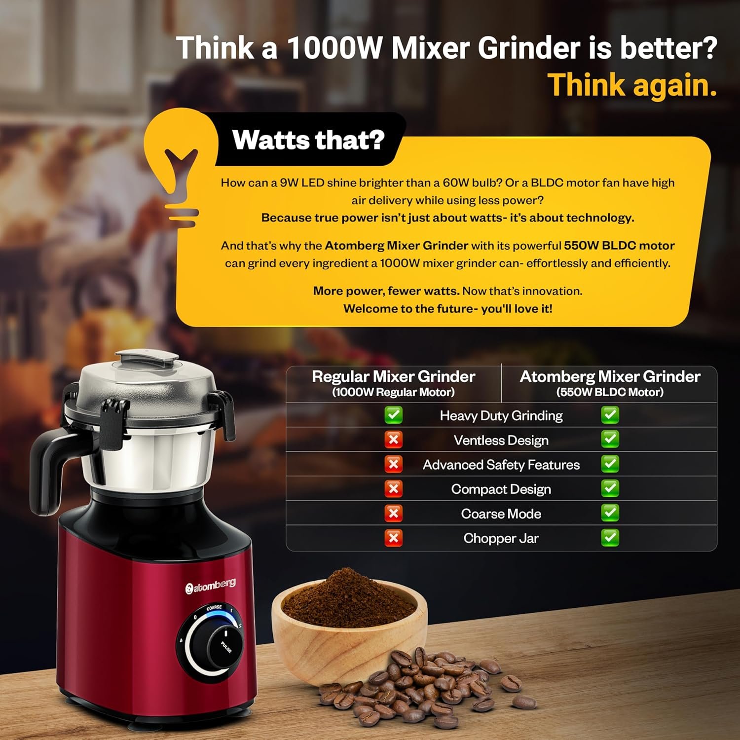 Atomberg Zenova Mixer Grinder with Unique Coarse Mode | Advanced Safety Features | 4 Jars including Chopper Jar with Hands Free Operation (Red Wine) — image 2