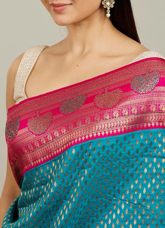 Rama Green Buta Patterned Saree with Floral Leaf Border — image 2