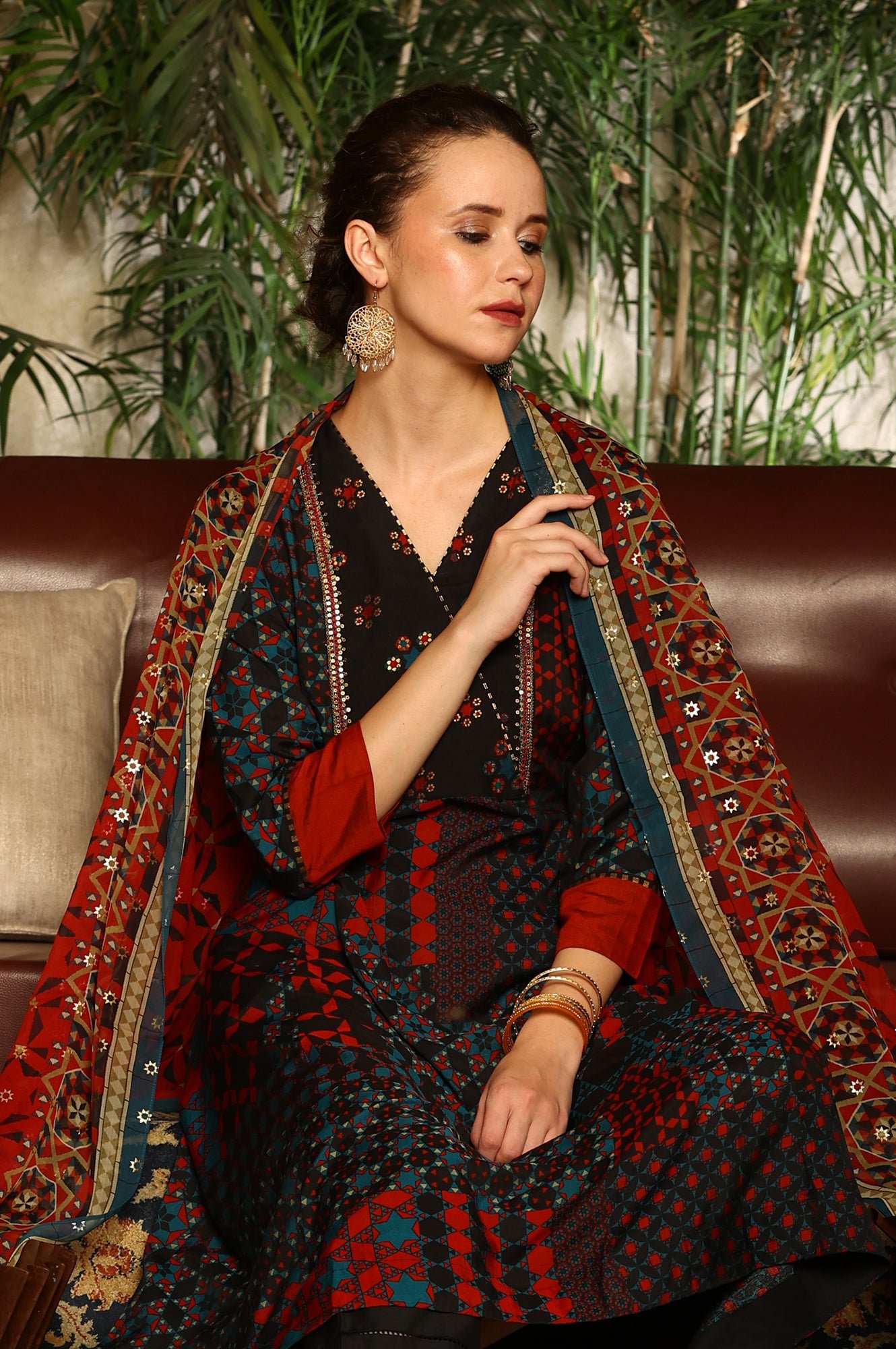 Black Multi-Coloured Patch Printed Metallic Embroidered A-Line Kurta, Pants And Dupatta Set — image 6