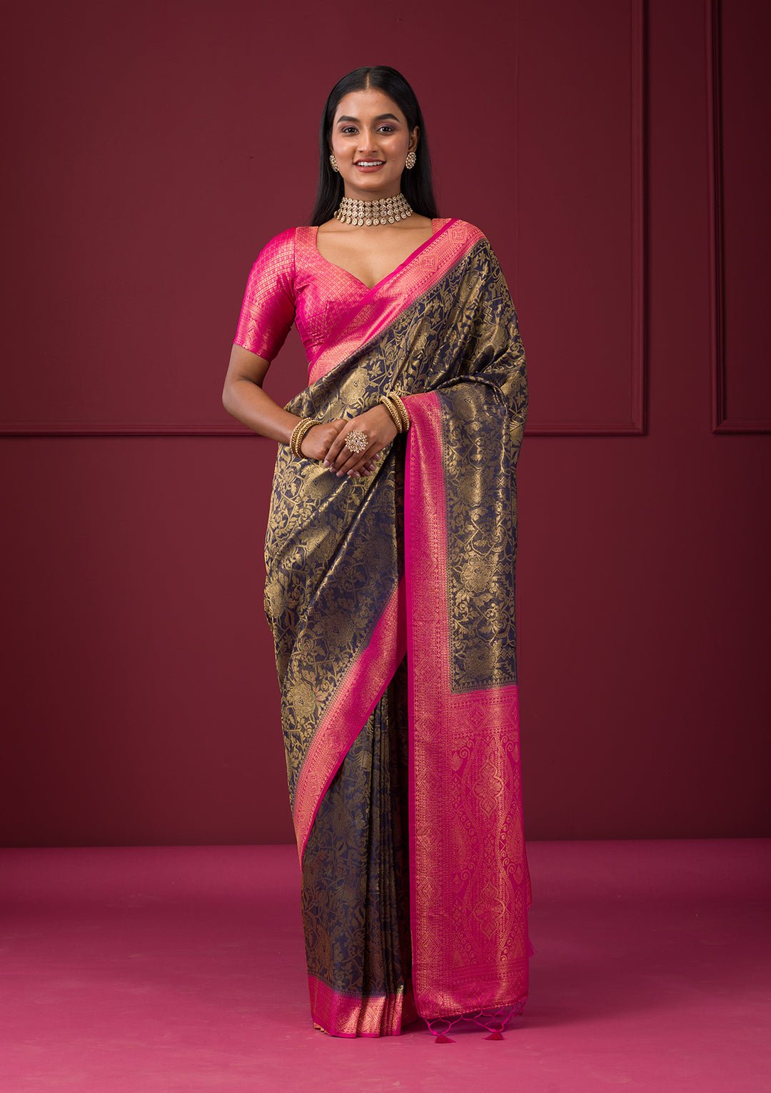 Navy Blue Zariwork Soft Silk Saree — image 6