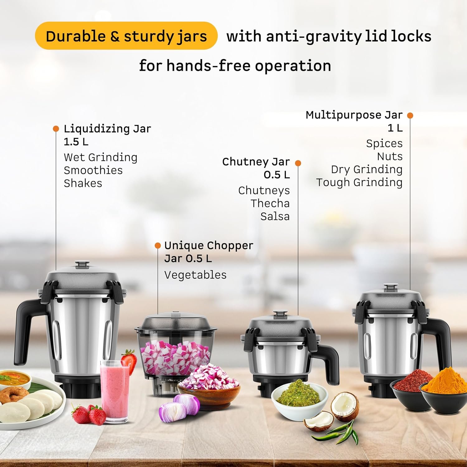 Atomberg Zenova Mixer Grinder | Unique Coarse Mode for Silbatta-like Texture | Intelligent BLDC Motor | Safety Features | 4 Jars including Chopper | Hands-Free Operation (Red Wine) — image 6