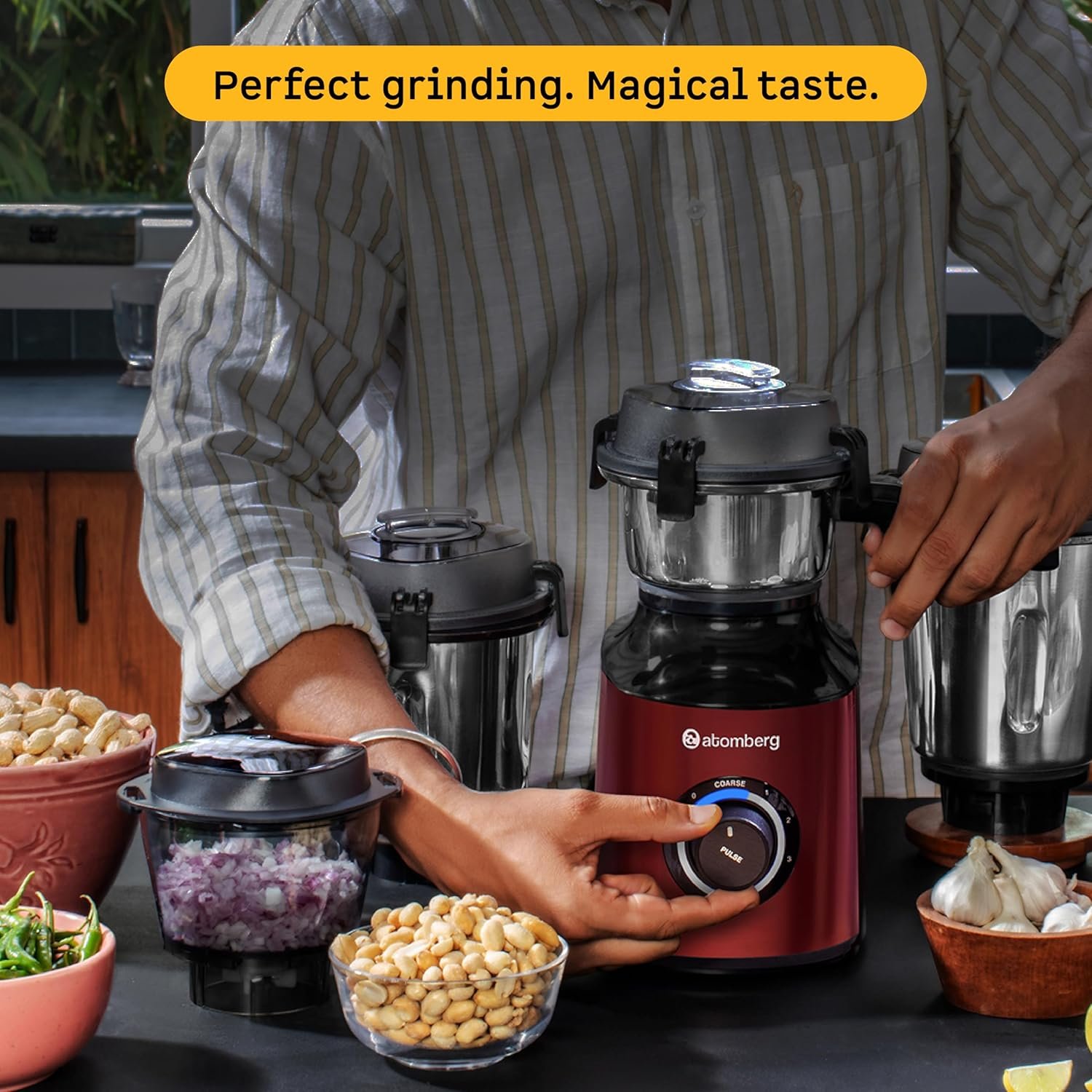 Atomberg Zenova Mixer Grinder | Unique Coarse Mode for Silbatta-like Texture | Intelligent BLDC Motor | Safety Features | 4 Jars including Chopper | Hands-Free Operation (Red Wine) — image 9