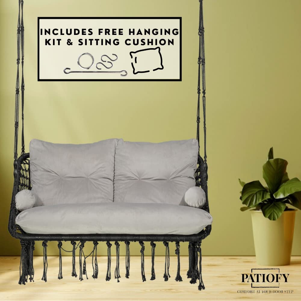 Double Seater Swing - 2 Seater Swing for Balcony with Large Grey Full Body Sitting Cushion (Black)-Polyester, 20 Cm — image 3
