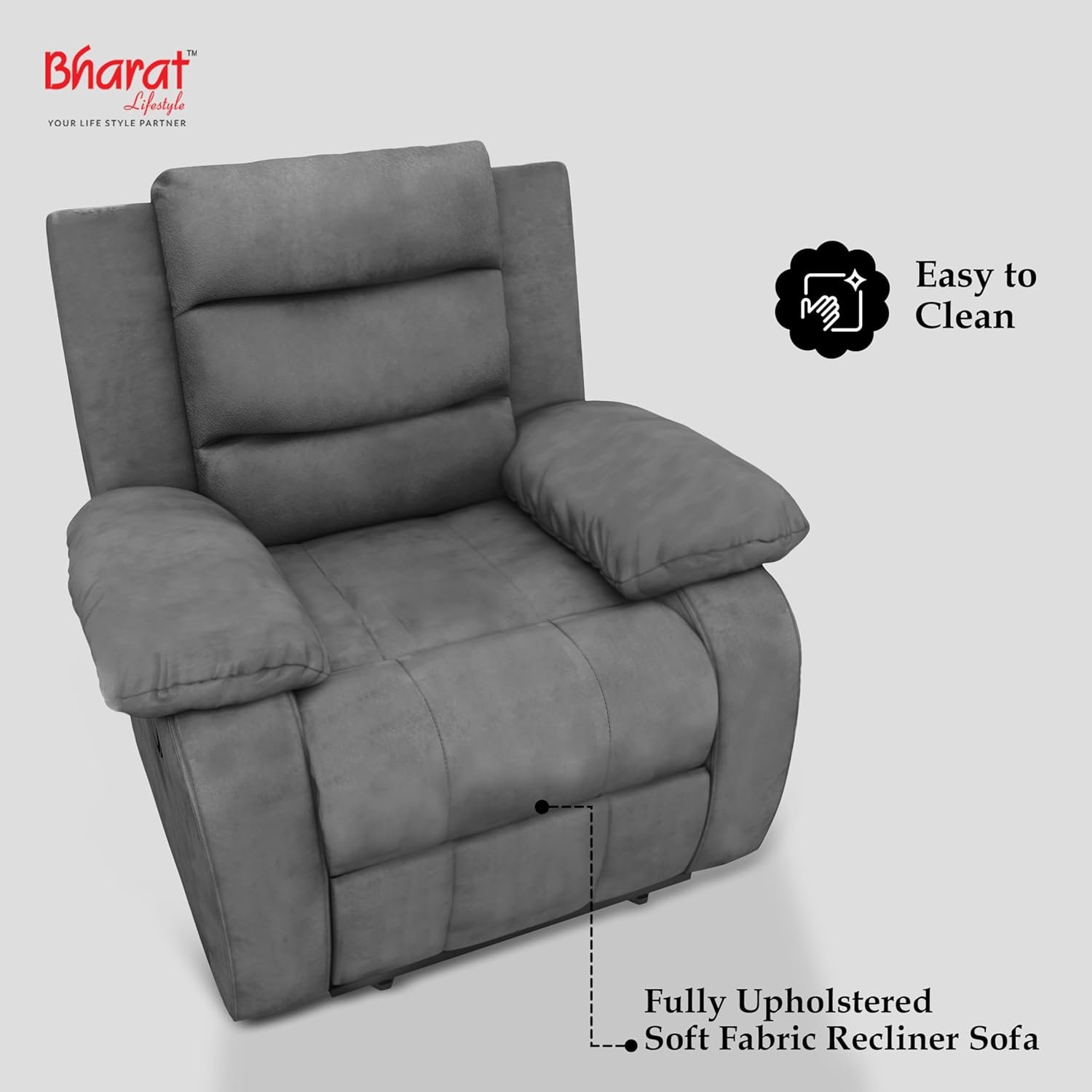 Bharat Lifestyle Austin Manual Recliner | 1 Seater Chair Sofa | Single Sofa Recliner| 3 Comfort Position | Wooden Frame | Suede Fabric | 1 Seater Recliner for Living Room Bedroom,1 Year Warranty, Grey — image 5
