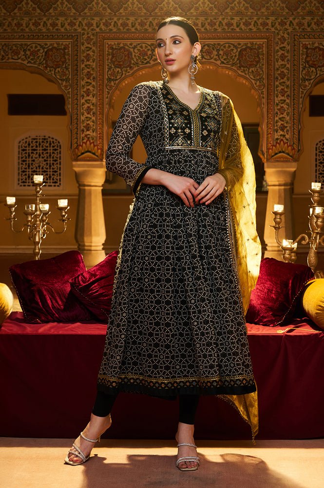 Black Printed Gathered Chiffon Kurta With Embroidery, Churidar And Dupatta Set — image 7